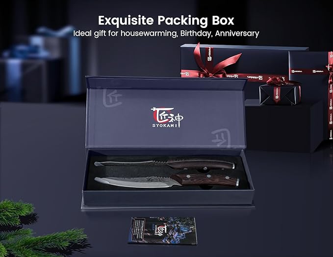Steak Knives Set of 2, 4.8 Inch High-Carbon Japanese Stainless Steel Non-serrated Meat Knife with Wood Handle, Damascus Pattern Full Tang Design, Razor-Sharp Dinner Knives with Gift Box
