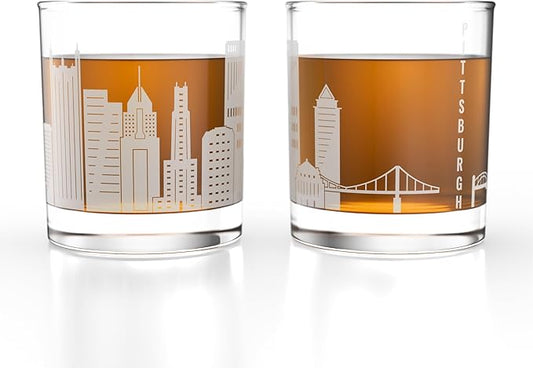 Greenline Goods – Pittsburgh, PA Skyline Whiskey Glasses (Set of 2), 10 oz – Rocks/Old Fashioned Tumblers