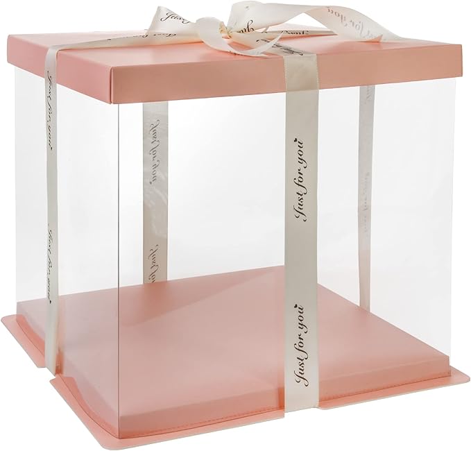 4 Pack Clear Cake Box Carrier 10" X 10" X 9" Cake Packaging Container with Ribbon Transparent Boxes with Lid Gift Package for Birthday Wedding Party, Pink