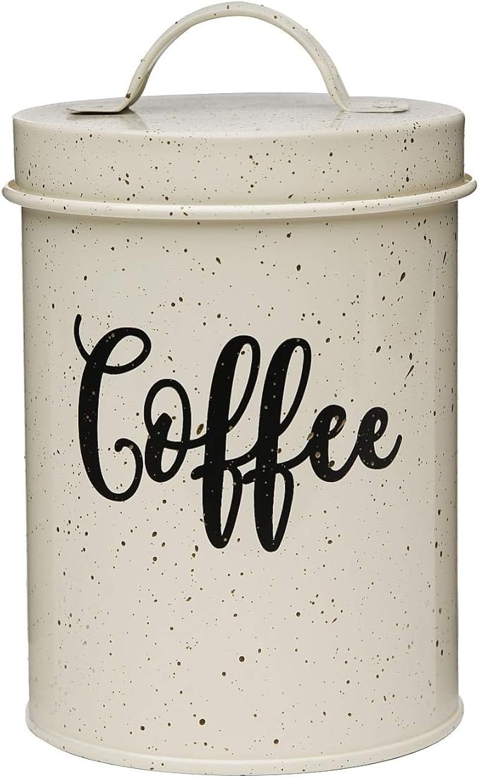 Amici Home Maddox Metal Coffee Canister | Dry Food Storage Container | Speckled Cream Canister for Kitchen Countertop | Storage Jar for Coffee with Handle | 44 Oz