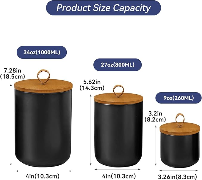 Ceramic Storage Jars, Modern Elegant Highly Polished Airtight Gorgeous Storage Canisters with Wooden Lid Small Food Stroage Jar for Kitchen Spice Tea Vanilla Sugar Coffee Beans (Black-3Pcs)