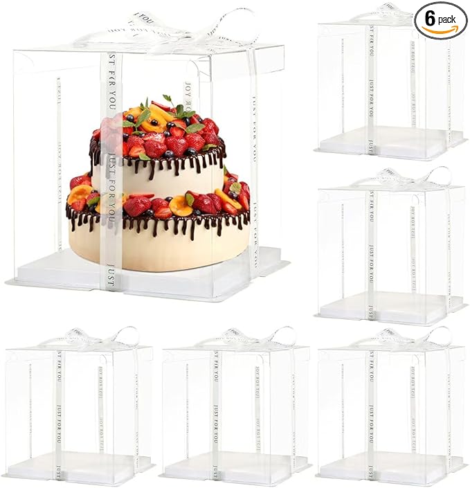 6Pcs 7*7*8inch clear cake boxes with Ribbon, 4inch 5 inch cake box for Bakery Treat,2-Layer Tall Cake Package Boxes,Transparent Gift Display Box with Lid for Birthday Party (Clear Lid, 7*7*8inch/6Pcs)