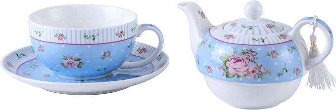 London Boutique Tea for One Teapot Cup saucer Set Vintage Flora Rose New Bone China Gift Box (Rose Blue)