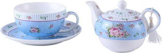 London Boutique Tea for One Teapot Cup saucer Set Vintage Flora Rose New Bone China Gift Box (Rose Blue)