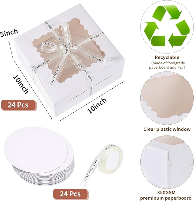 48pcs 10x10x5 Inches Cake Boxes,24pcs White Boxes and 24pcs Boards,Cajas Pasteles for Disposable 10 inch Cake box with Window (White, 10 * 10 * 5inch/48pcs)