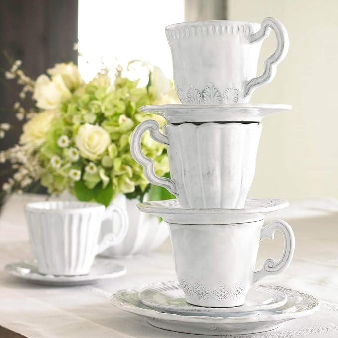 Vietri Incanto Leaf Mug 10oz Terra Marrone Ceramic Cup Elegant Coffee Drinkware Made in Italy - 3.75 Inch White