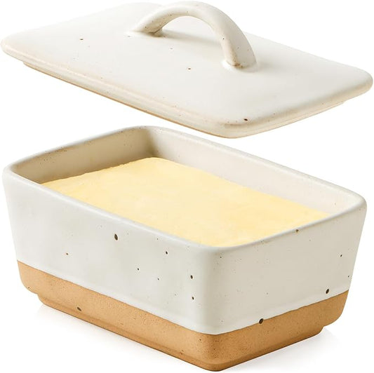 NUTRIUPS Ceramic Butter Dish with Lid for Countertop, Vintage European Butter Holder with Lid, Covered Butter Dish,Holds 1 Stick (White, Uniform size)
