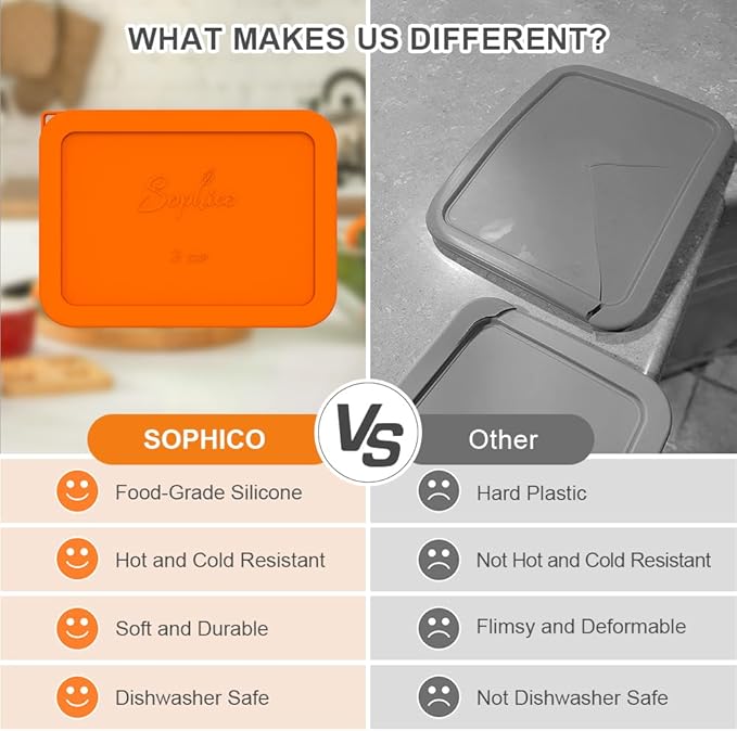 Sophico 3 Cup Rectangle Silicone Storage Cover Lids Replacement for Pyrex 7210-PC Glass Bowls, Container not Included (ORANGE, 2 Pack)