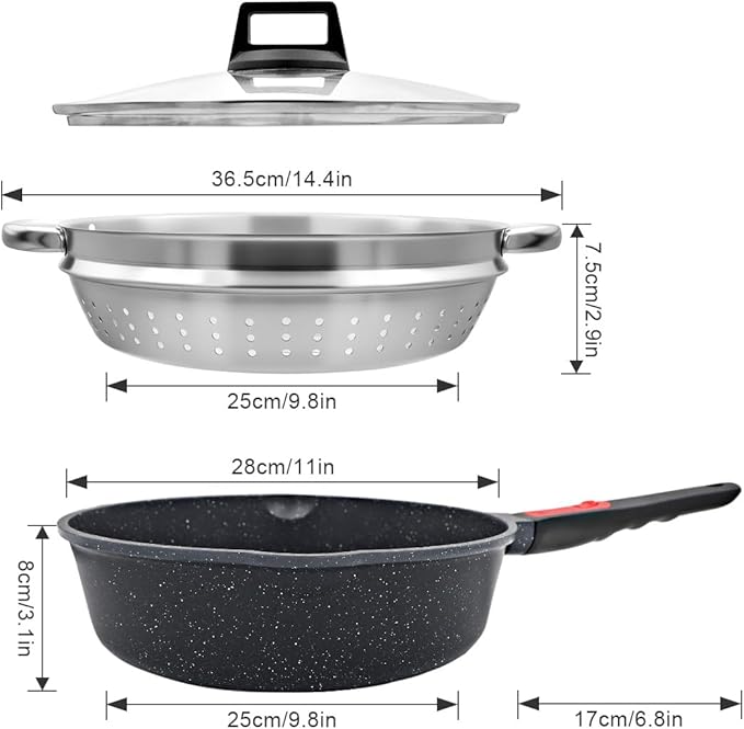 11 Inch Nonstick Deep Frying Pan with Lid, 4-Pc Set - (4.5 Qt Saute Pan with Lid, Steamer/Strainer Basket, Silicone Spatula), Skillet with Detachable Handle, Oven Safe, Non-Toxic