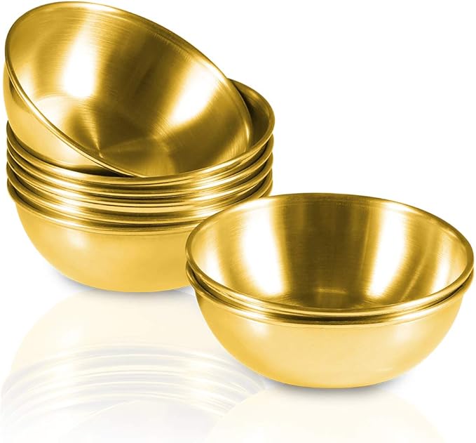 8 Pack 3.2inch Stainless Steel Sauce Dishes Mini Individual Saucers Bowl Round Seasoning Dishes Sushi Dipping Bowl Appetizer Plates, Golden
