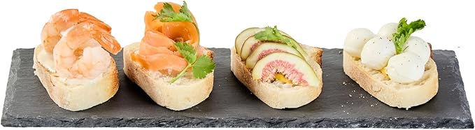 Restaurantware Slate Serving Trays 4 Pack of 11.8" x 4" Foam Feet Charcuterie Stone Plates Rustic Edges Freezable Black Serving Display Cheese Boards for Kitchen, Gourmet, Dining, Parties