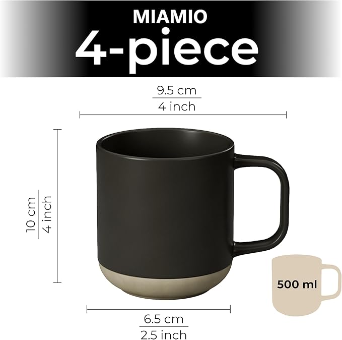 MIAMIO – Coffee Mugs Set of 4 / Ceramic Cups for Coffee (17.5 oz), Cappuccino, Latte Macchiato, Tea, Espresso/Dishwasher and Microwave Safe – Sierra Collection (Dark, Mugs (4x))