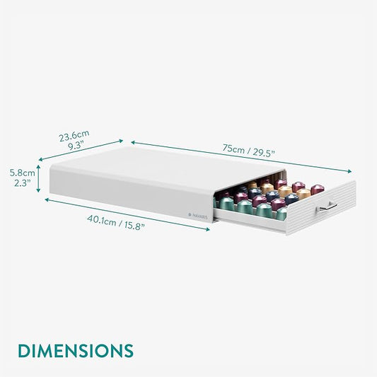 Navaris Coffee Pod Holder Drawer - 50 Capsule Storage Organizer Tray Counter Container - Fits Standard Sizes of Pods and Capsules - 1 Drawer Design - White