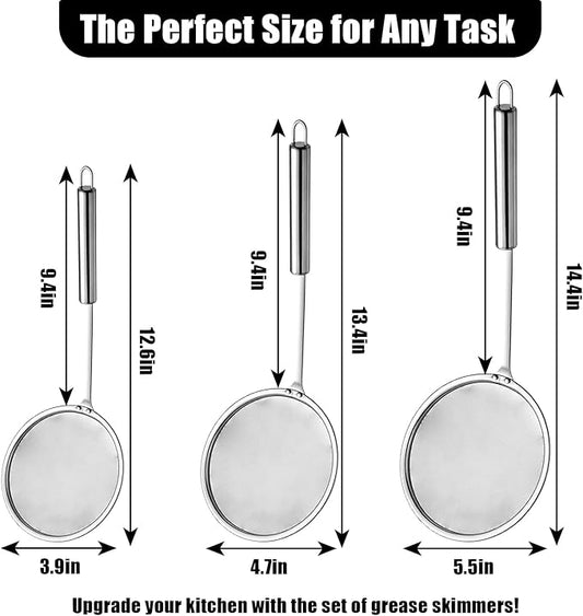 3 Pack Fat Skimmer Spoon Multi-Functional Stainless Steel Hot Pot Fat Strainer with Fine Mesh (4”, 4.7”, 5.5”) Long Handle for Frying, Soup, Quinoa, Miso