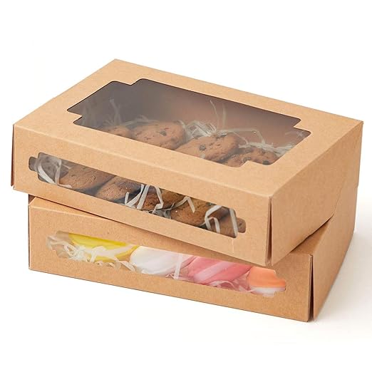 qiqee 50Packs Auto-pop up Kraft Cookie Boxes for Gift Giving 8x5.3x2 inch Brown Treat Box with Window One Second Folding Bakery Box for Donuts Candies and Biscuit