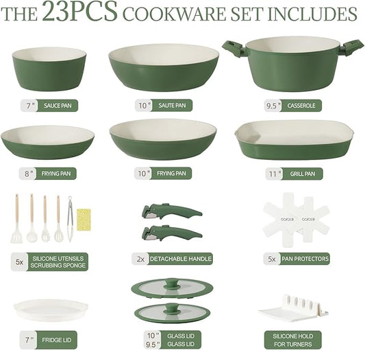 Ceramic Cookware Set 23Pcs Non Stick Pots and Pans Non Toxic with Detachable Handle Induction Kitchen Cookware Set Space Saving, Oven & Dishwasher Safe, Forest Green
