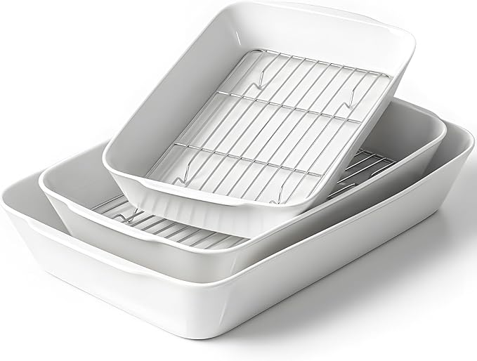 Casserole Dishes for Oven, Ceramic Baking Dishes Set of 3 with Roasting Racks, Rectangular Lasagna Pan with Handles for Baking, Gift, Dinner Microwave Oven Safe（2QT/3QT/4.2QT）