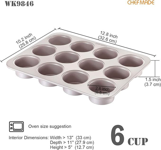 CHEFMADE Muffin Cake Pan, 12-Cavity Non-Stick Bristish Cupcake Pan Bakeware for Oven Baking (Champagne Gold)