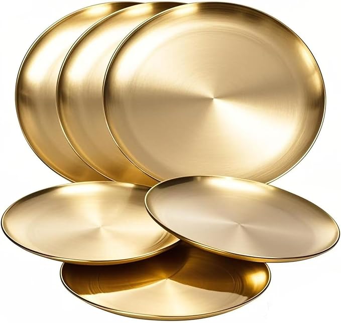 18/8 Stainless Steel Dinner Plate for Main Dishes, Grilled Meat, Dessert, Salad, and Fruit - 9 Inches (23 cm) Large Capacity(Gold-6PC)