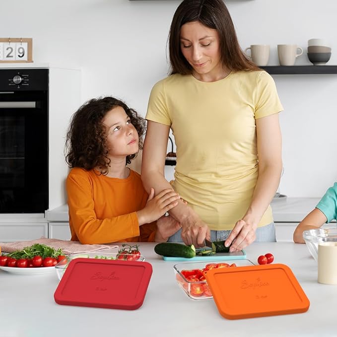 Sophico 3 Cup Rectangle Silicone Storage Cover Lids Replacement for Pyrex 7210-PC Glass Bowls (Container not Included) (RED-ORANGE, 4 Pack)