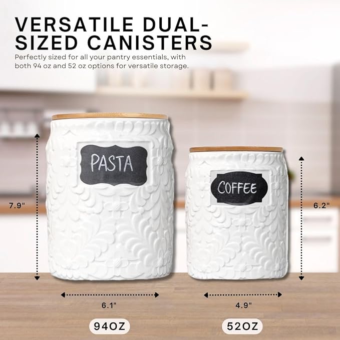 Ceramic Canister Set for the Kitchen Set of 2 - 94/52 Oz - Food Storage Containers, Airtight Bamboo Lid, Decorative Flour Sugar Coffee Canister, Food Container for Coffee, Flour, Sugar, Cookie Jar