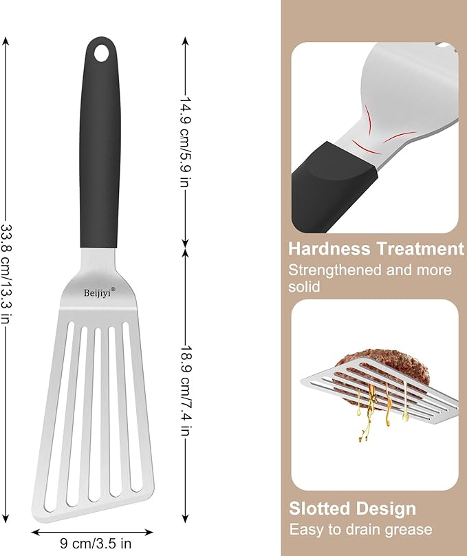 Beijiyi 13.3" Fish Spatula Stainless Steel, Fish Turner with Silicone Handle and Beveled Edge, Thickened Metal Kitchen Slotted Spatula for Cast Iron Skillet Cooking, Flipping and Grilling