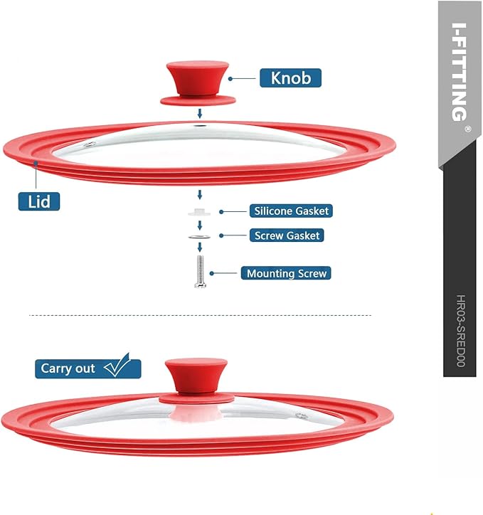 Universal Lid for Pot,Pan,Skillet Fits 11”,12”, 12.5”Cookware Silicon lid Dishwasher Safe, Replacement Lid Vented Tempered Glass with Heat Resistant Silicone Rim By HR Huare Technology, Red,1 Pack