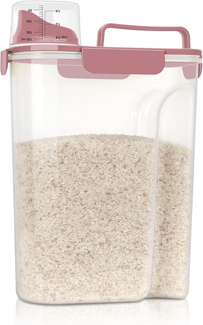 Airtight 10LBS Rice/Cereal/Dry Food Storage Container BPA Free, 5.28Qt Clear Plastic Kitchen and Pantry Organization Bin Suitable for Oats, Flour, Sugar, Pasta, Pet Food, etc (Rose Pink)