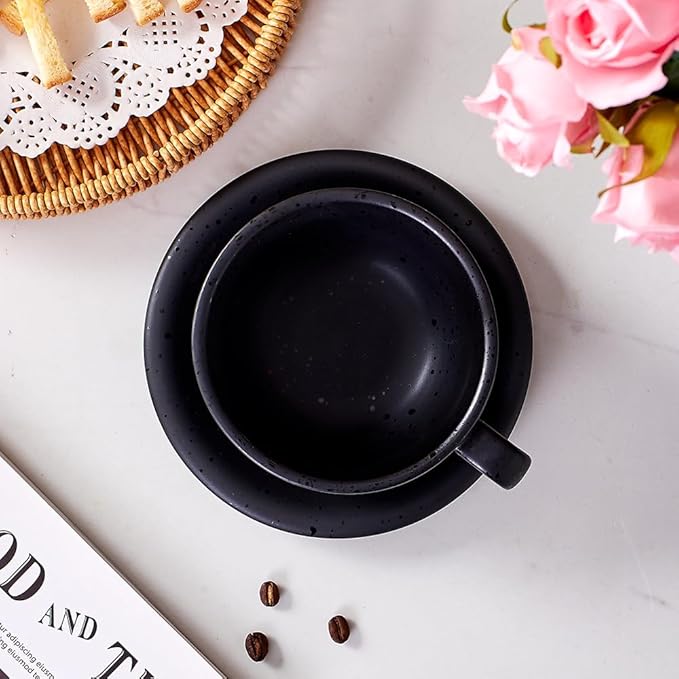 Vintage Design 12 oz Ceramic Latte Art Cappuccino Barista Cup with Saucer (Facular Black)