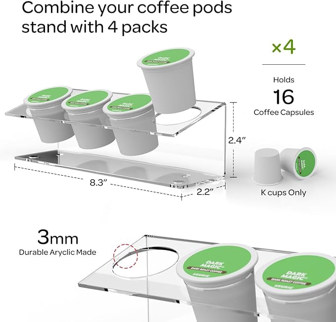 K Cup Holders, Acrylic Coffee Pods Organizer Stand Magnetic & Self-Adhesive for Kitchen Wall, Cabinet, Fridge (4 Pack for 16 Pods)