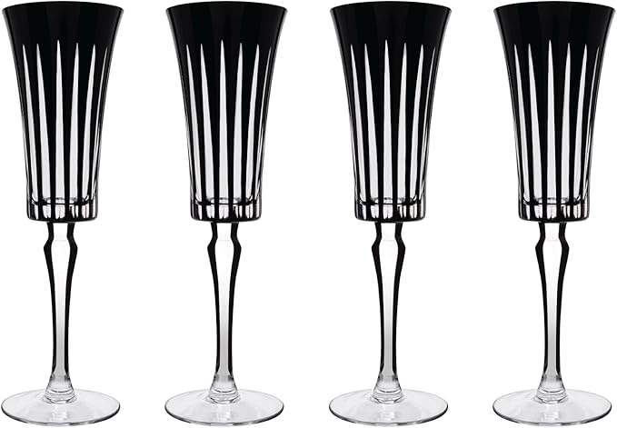 Vikko Champagne Flutes, Timeless Collection 6 Ounce Elegant Wine Glass for Fine Dining, Set of 4 Black Goblets with Stem, Dishwasher Safe
