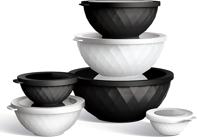 COOK WITH COLOR Mixing Bowls with Lids - 12 Piece Plastic Nesting Bowls Set includes 6 Prep Bowls and 6 Lids, Diamond Design - Microwave Safe, Black and White