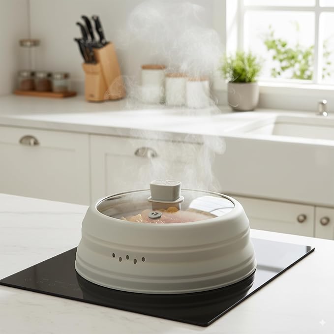 Microwave Splatter Cover Glass Microwave Cover for Food Collapsible Splatter Guard Lid with Silicone Handle for Pot Plate Bowl 9.8 Inch Gray