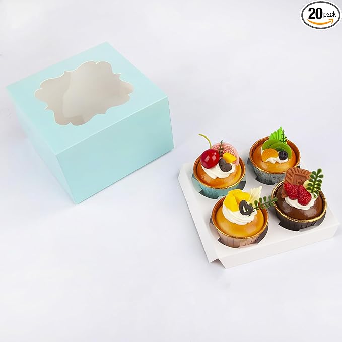20 PCS 6.5 x 6.5 x 4 inch Paper, Cupcake Boxes with Inserts and Window Hold 4 Cupcakes, Bakery Boxes For Cupcakes Carrier, Cupcake Containers (Blue-4 Holes)