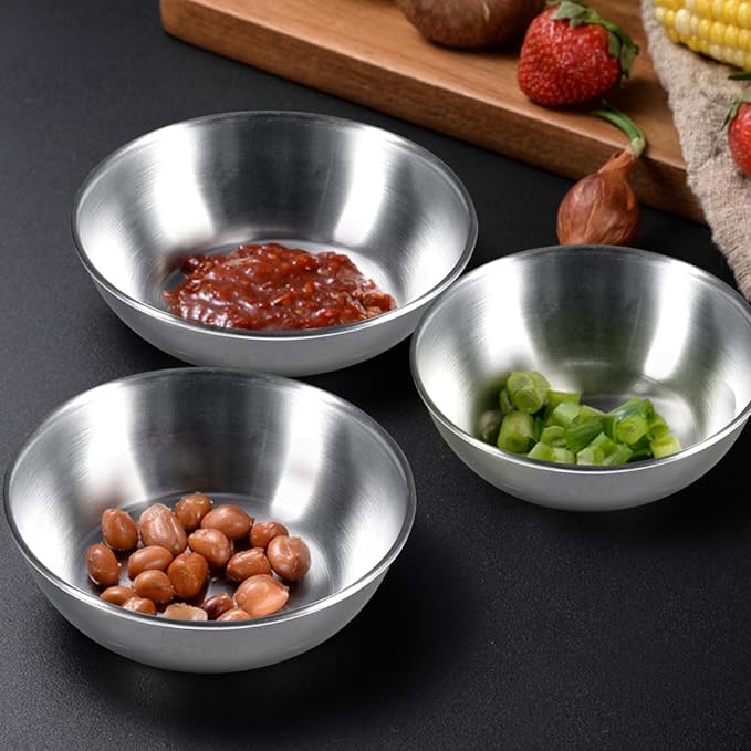 8 Pack 3.2inch Stainless Steel Sauce Dishes Mini Individual Saucers Bowl Round Seasoning Dishes Sushi Dipping Bowl Appetizer Plates, Sliver