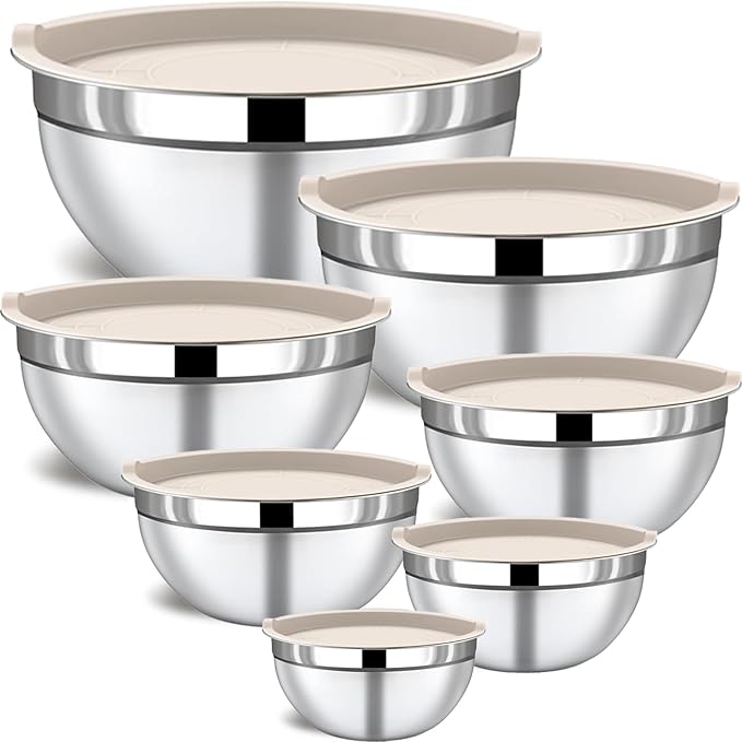 7 Piece Stainless Steel Mixing Bowls with Lids Set - Khaki Nesting Metal Mixing Bowls for Kitchen, Sizes 4.5, 4, 3.5, 2.1, 1.5, 1.1, 0.7 Qt for Baking, Cooking and Serving, Dishwasher Safe