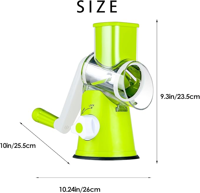 Ourokhome Rotary Cheese Grater Hand Crank, Kitchen Shredder Speed Mandolin Slicer Nut Grinder with Handle and Drum Blades for Cheese, Vegetable, Walnut, Chocolate, Potato, Carrot, 3 Blades, Green