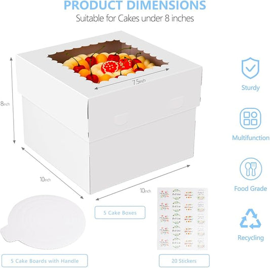 Cake Boxes with Cake Boards 5pcs 10x10x8 Inch White Bakery Box Cajas Pasteles, Tall Cake Boxes Dessert Cake Carrier for Tier Cake, Pastries, Cookies, Pie, Birthday Party Wedding Christmas