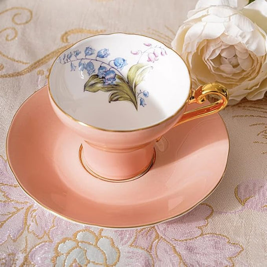 Aynsley Handpainting Colored Glaze Lily of the Valley Corset Fine Bone China English Tea Cup and Saucer Set, 6.1 oz (Orange)