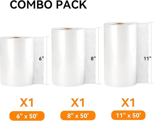 [2024 New] 6" x 50', 8" x 50' and 11" x 50' 3 Pack Rolls, Vacuum Sealer Rolls Bags for Food, Great for Food Storage, Sous Vide and Meal Prep, Wevac Lite