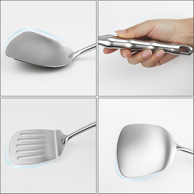 Stainless Steel Cooking Utensils Set Kitchen Tools Set, 2pcs Metal Utensils for Cooking, 14 inch Long Wok Utensils Set