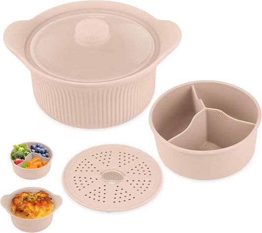 Silicone Microwave Steamer - Microwave Pot Steamer Basket Bowl for Baby Food, Vegetables & Dumplings, Compact & Lightweight Design, Oven & Dishwasher Safe (Pink, L 42oz(1250ml))