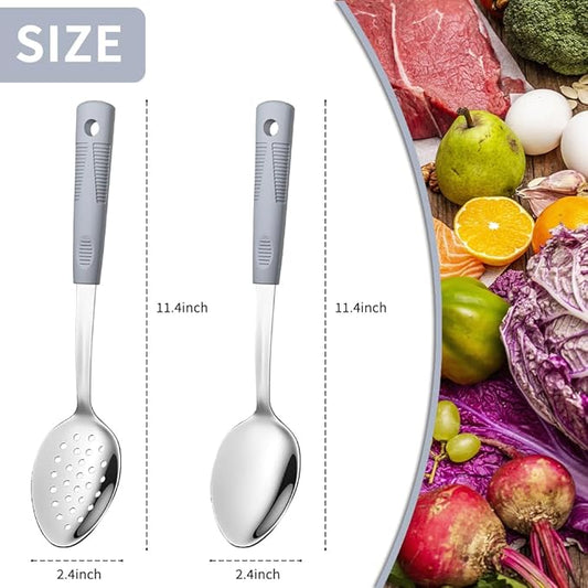 2-Piece,Stainless Steel Serving spoons set with Slotted Spoon.Serving Spoon and Perforated Spoon, kitchen cooking serving utensils set cooking spoon-grey