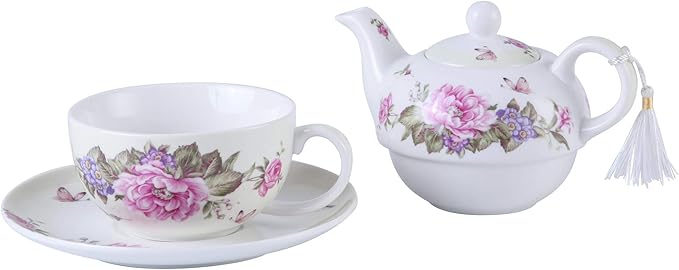 London Boutique Tea for One Teapot Cup Saucer Set Vintage Bird Rose Butterfly Flora New Bone China Gift Box (Beige/Cream)