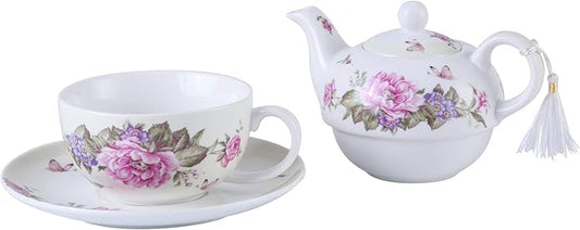 London Boutique Tea for One Teapot Cup Saucer Set Vintage Bird Rose Butterfly Flora New Bone China Gift Box (Beige/Cream)