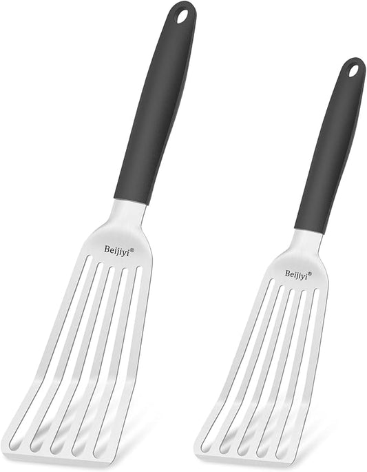 Beijiyi Stainless Steel Fish Spatula Set of 2, 13.5" & 11.7" Slotted Turner with Silicone Handle, Curved Blade, Metal Spatulas for Kitchen Use, Cooking Utensils for Flipping Fish, Burger and Grilling