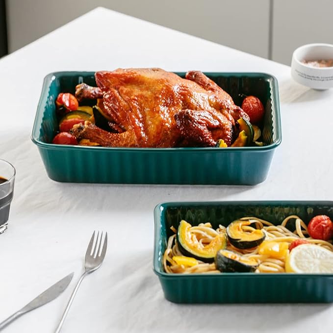 Ceramics baking dish set of 2, Rectangular Baking Dish, Lasagna Pans for Cooking, Kitchen, Cake,Dinner, Banquet and Daily Use, 12x 8 Inch & 8.95 x 6 inch of Casserole Dishes (Emerald)