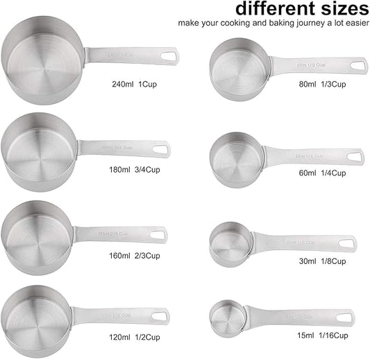 Measuring Cups and Spoons Set, 18/8 Metric & US Stainless Steel 8 Measuring Cups & 9 Spoons with 1 Leveler & 1 Measurement Conversion Chart for Baking & Kitchen