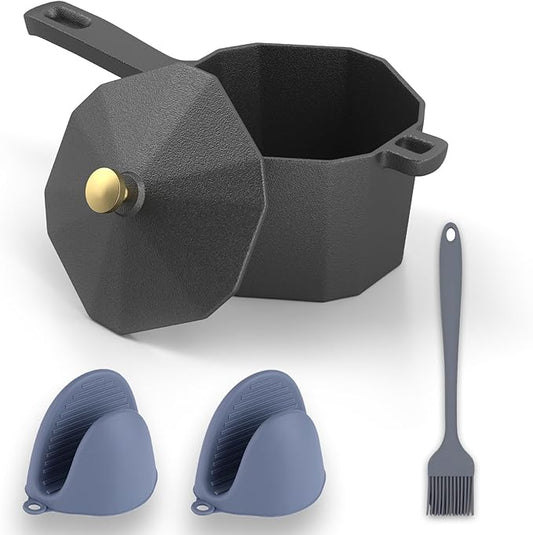Cast Iron Sauce Pot with Lid,Premium Small Cast Iron Pan for Butter Melting, Basting and Grilling,Heavy Duty Butter Warmer, Camping Cookware,Includes Heat Resistant Gloves and Spice Brush