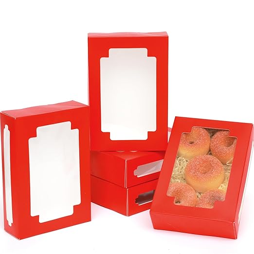 qiqee Red Cookie Boxes for Gift Giving 8x5.3x2 inch 24Packs Red Treat Box with Window Bakery Box for Donuts Candies and Biscuit